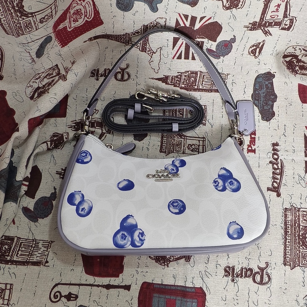 COACH White Shoulder Bag with Blue Berry Print - Picture 1 of 10